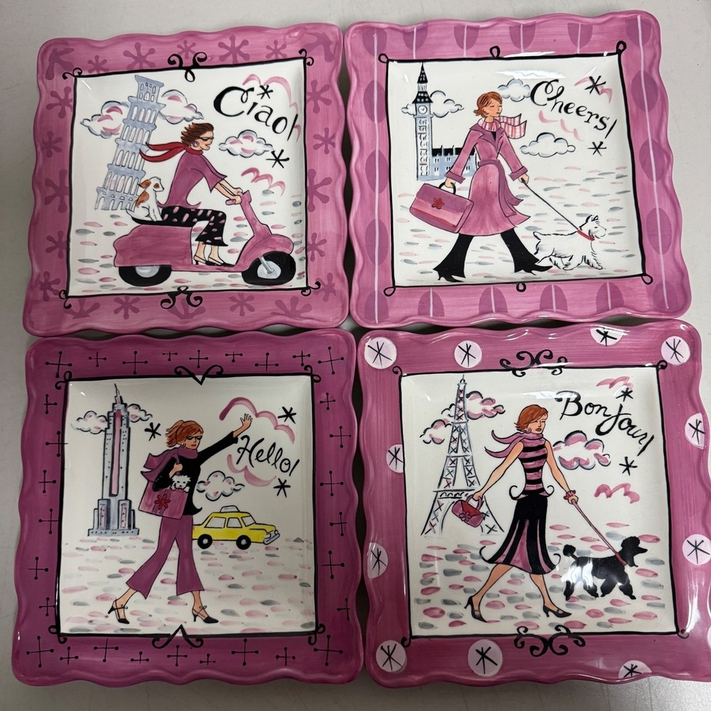 Jennifer Brinley Certified International Pink Square Appetizer Plates (4) Travel
